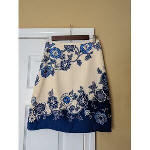 Petite Sophisticate Blue White Floral Silk Skirt Size 4 Chinoiserie Coastal Chic